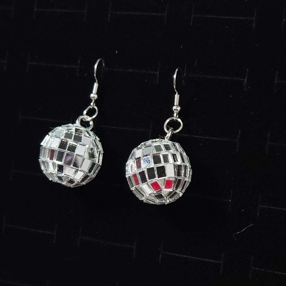 Silver Disco Ball Earrings Sparkly Mirror Drop Dangle Party Celebration Cruise